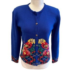 Susan Bristol Vintage Hand Embroidered Floral Blue Cardigan Sweater Size Small